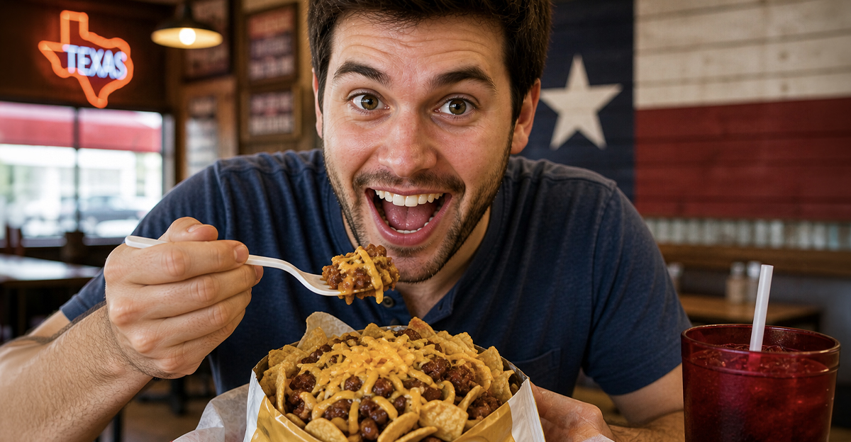 A man eating Frito Pie in a restaurant in Texas.