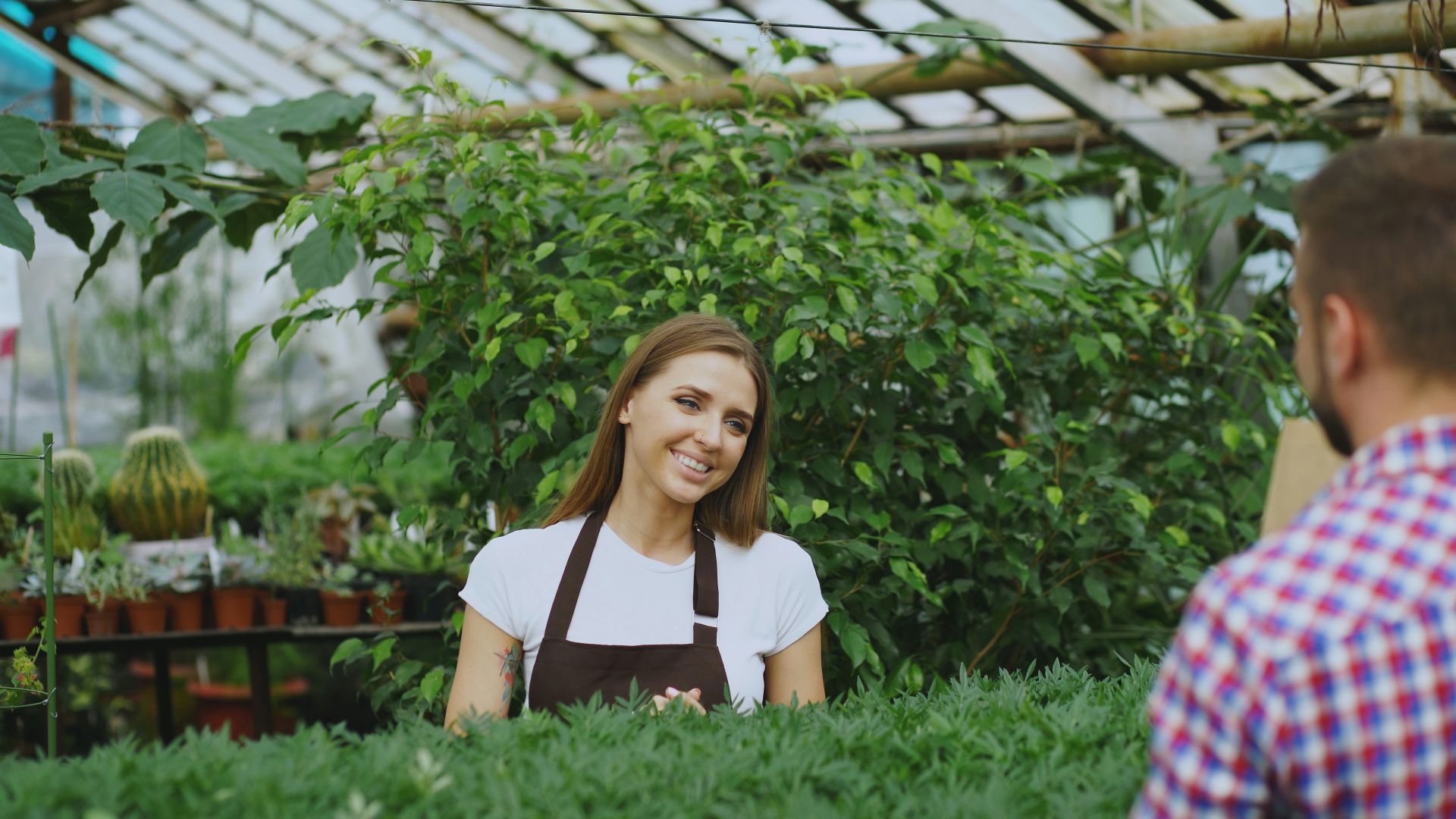 A smiling woman in an apron in a plant nursery.