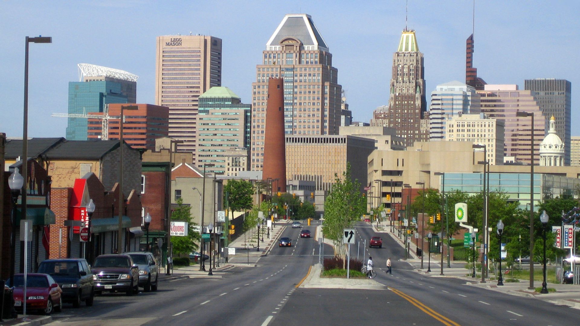 A view of Downtown Baltimore from the East, on Fayette St. The intersection in the distance is where Fayette St. crosses President St., which becomes the Jones Falls Expressway on the opposite side of the intersection.