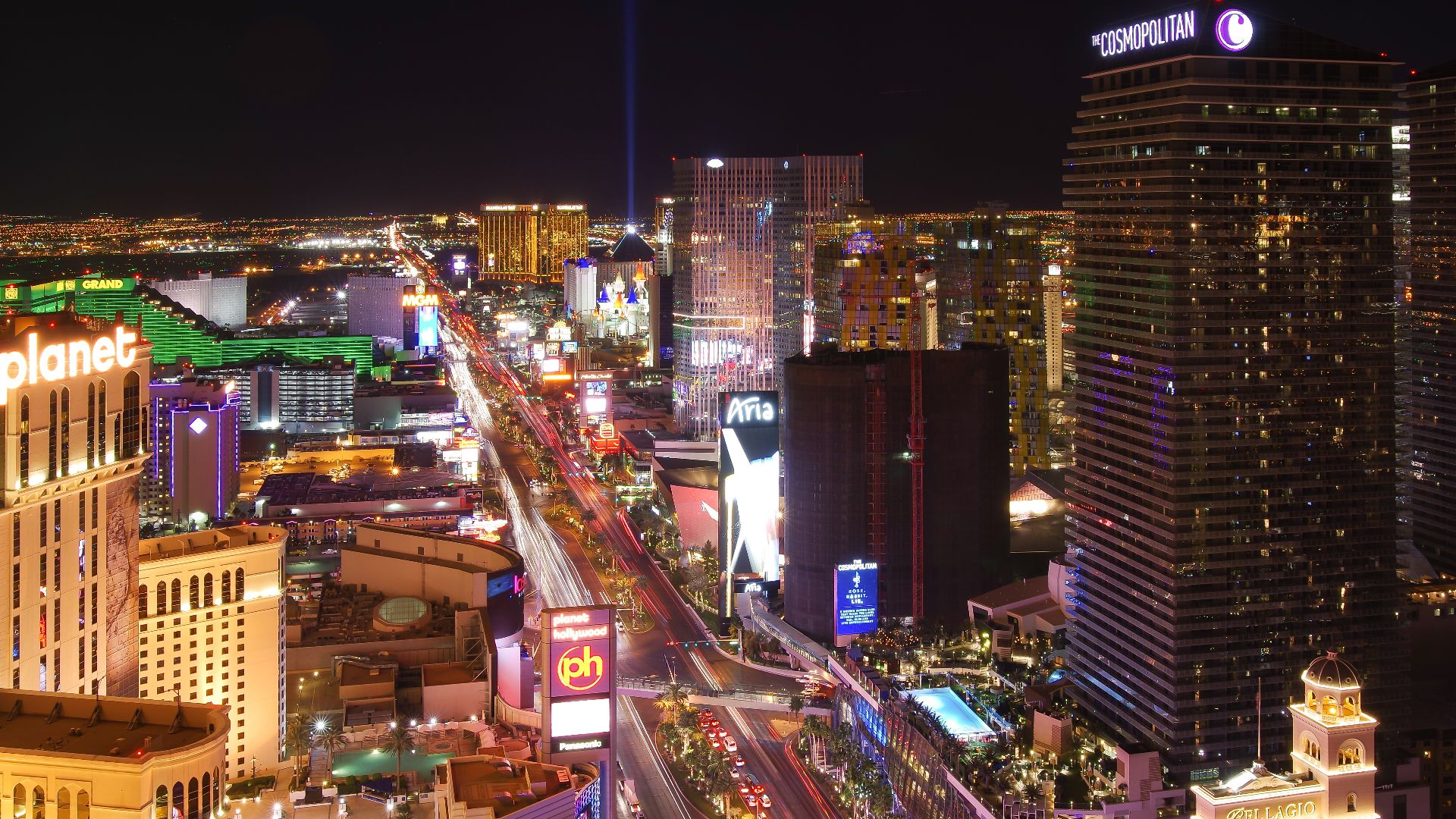Las Vegas Strip, Cosmopolitan Hotel, Planet Hollywood Hotel and Casino, Luxor and MGM Grand at night