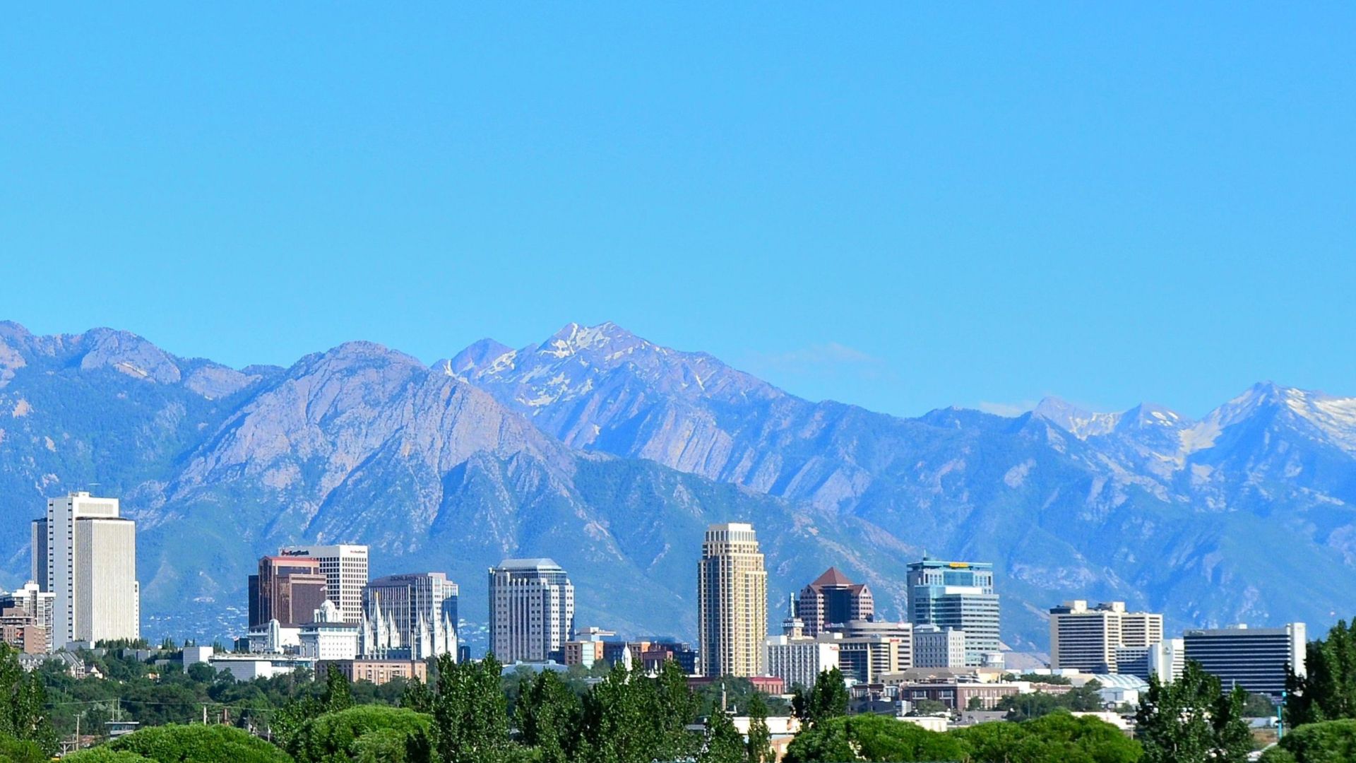 The skyline of Salt Lake City, Utah as seen in July 2011.