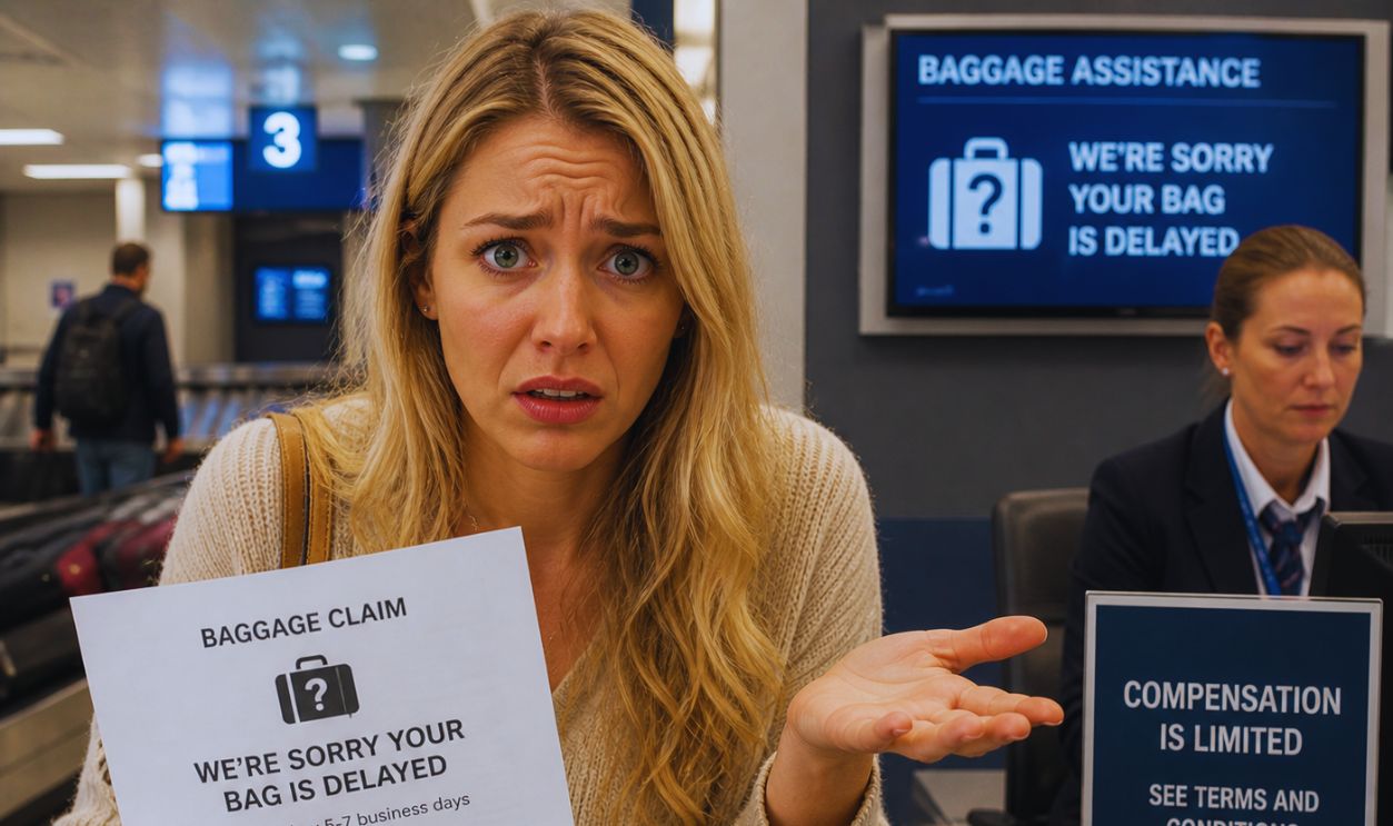 Woman worried airport luggage