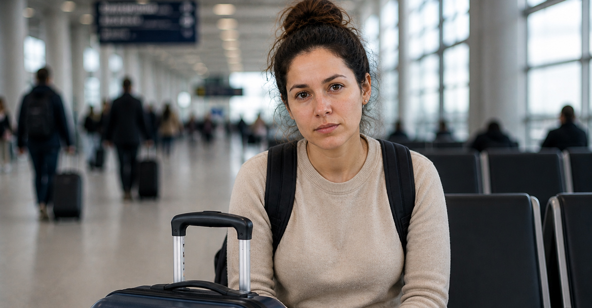 Traveller woman looking tired at the airport with her luggage