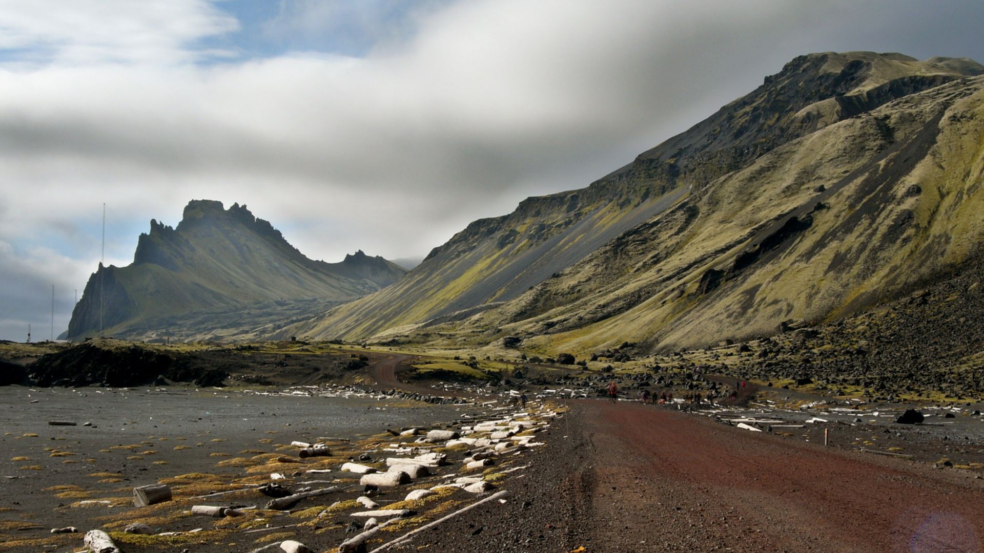 Jan Mayen - road along the westcoast, about 500 m off the station. The wood comes from Siberia, transported by sea ice via the Transpolar drift through the Arctic Ocean and finaly with the East Greenland current southward until stranded ashore the island.