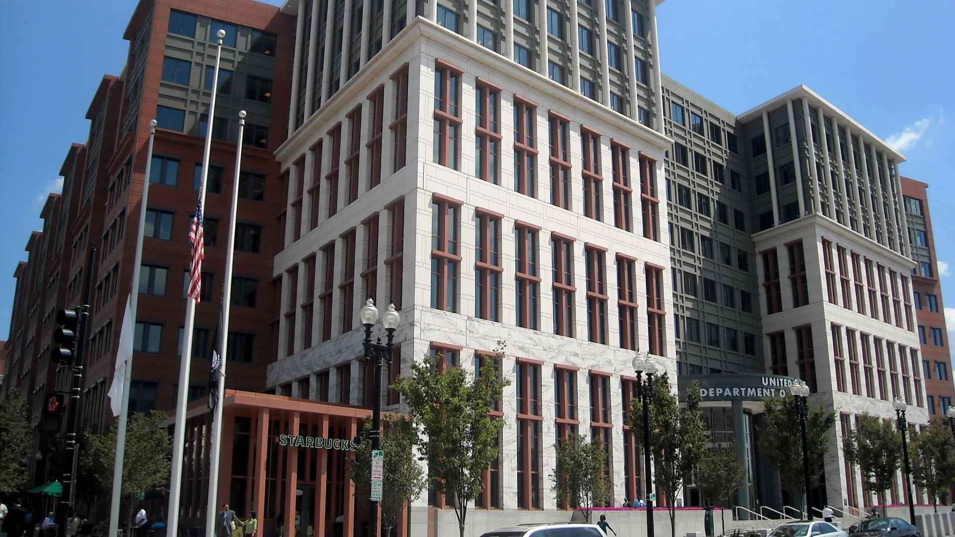 The entrance to the United States Department of Transportation headquarters (as viewed from the intersection of M Street and New Jersey Avenue, S.E.), located at 1200 New Jersey Avenue, S.E., in the Navy Yard neighborhood of Washington, D.C.