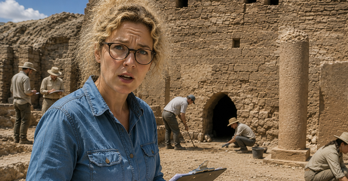 Archaeologist in blue shirt standing in front of the Dura-Europos archaeological site. 