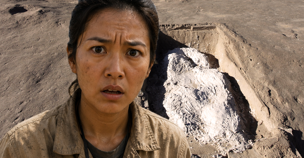 Shimano Ruins in china with a shocked archaeologist in the foreground.