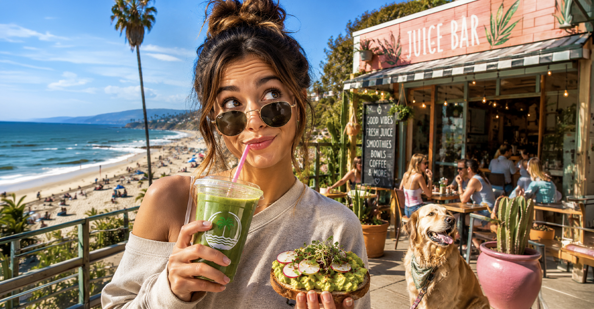 Southern California local at a juice bar by the beach.