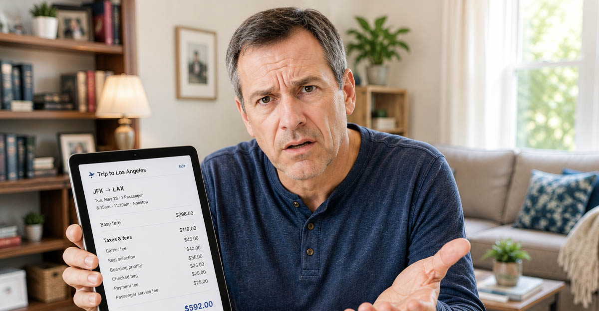 AI-generated image of a man upset about hidden fees while booking a flight.