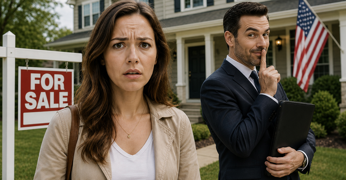 A worried home buyer with a secretive real estate agent standing in the background.