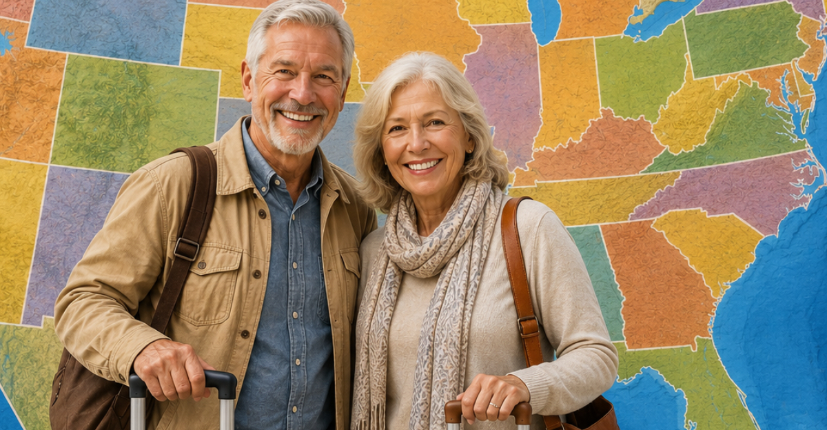 Happy older couple moving usa map background