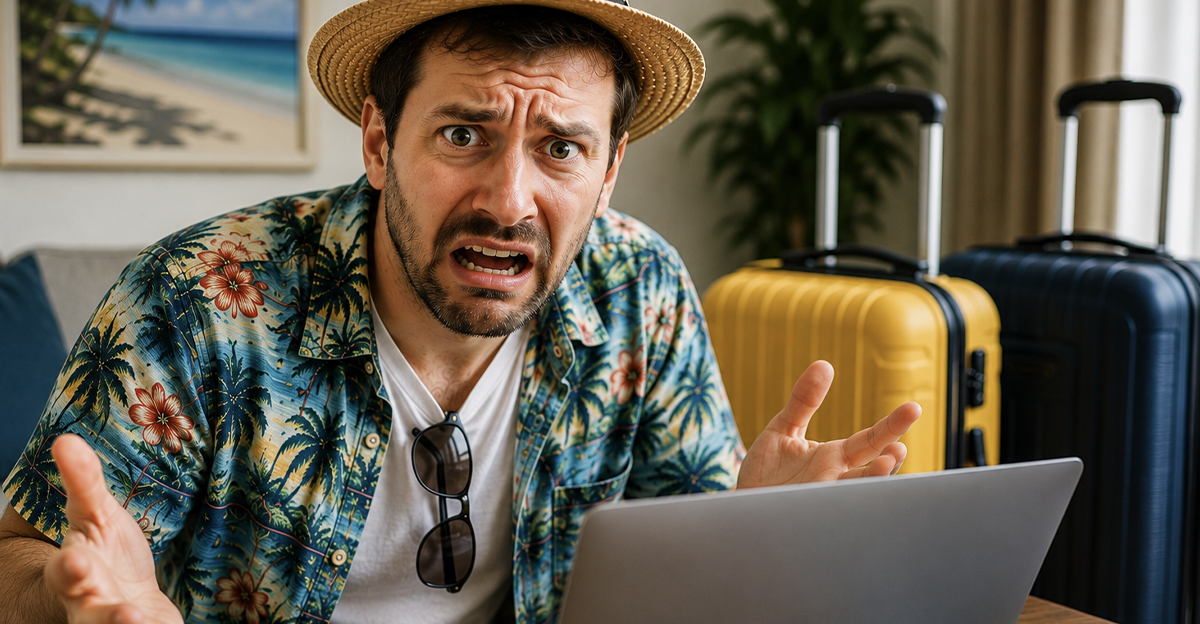 Upset tourist booking a trip on a laptop.