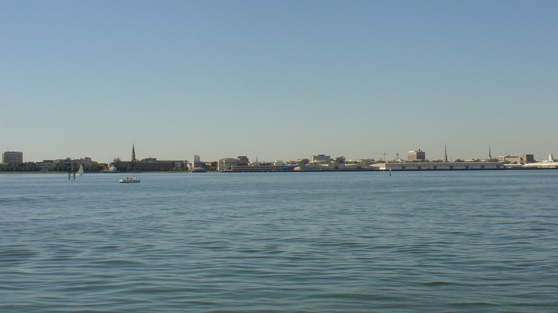 A picture of Charleston's historic district's skyline from Charleston Harbor