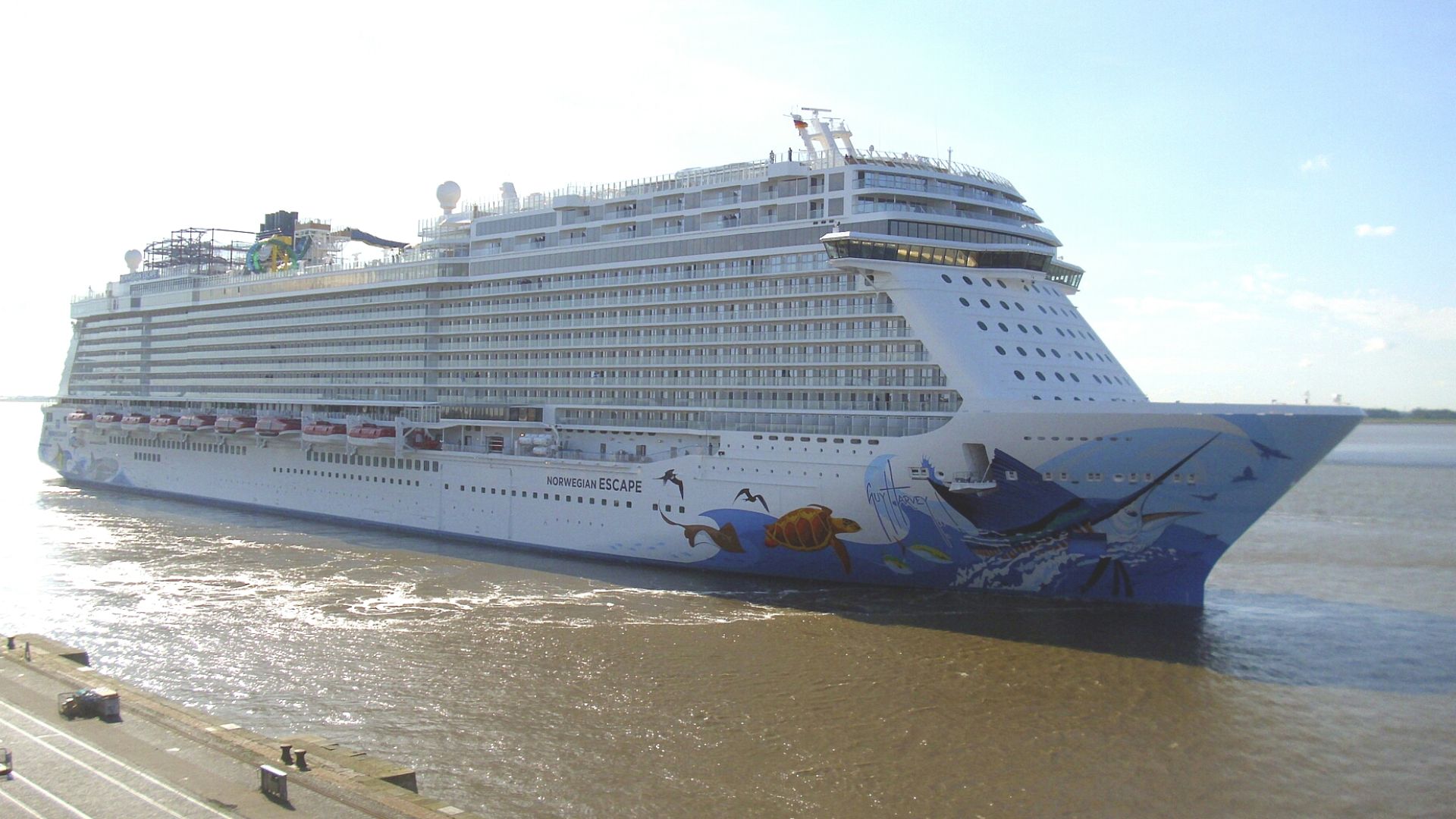 The new built cruise ship Norwegian Escape has just left the Columbus Cruise Center in Bremerhaven, Germany, for a sea trial journey