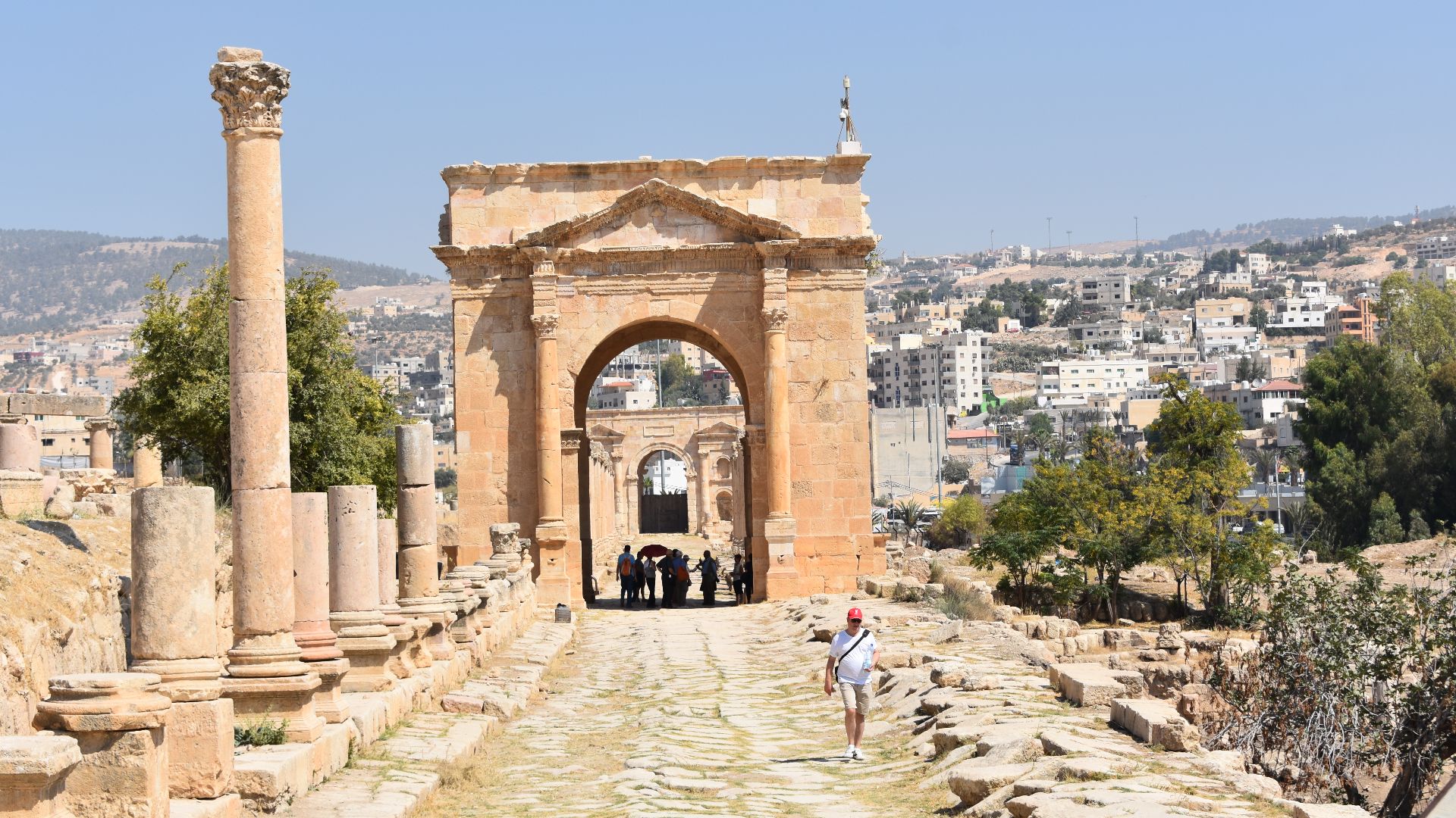 The North Gate (seen through the Northern Tetrapylon) at the Roman ruins in Jerash, Jordan