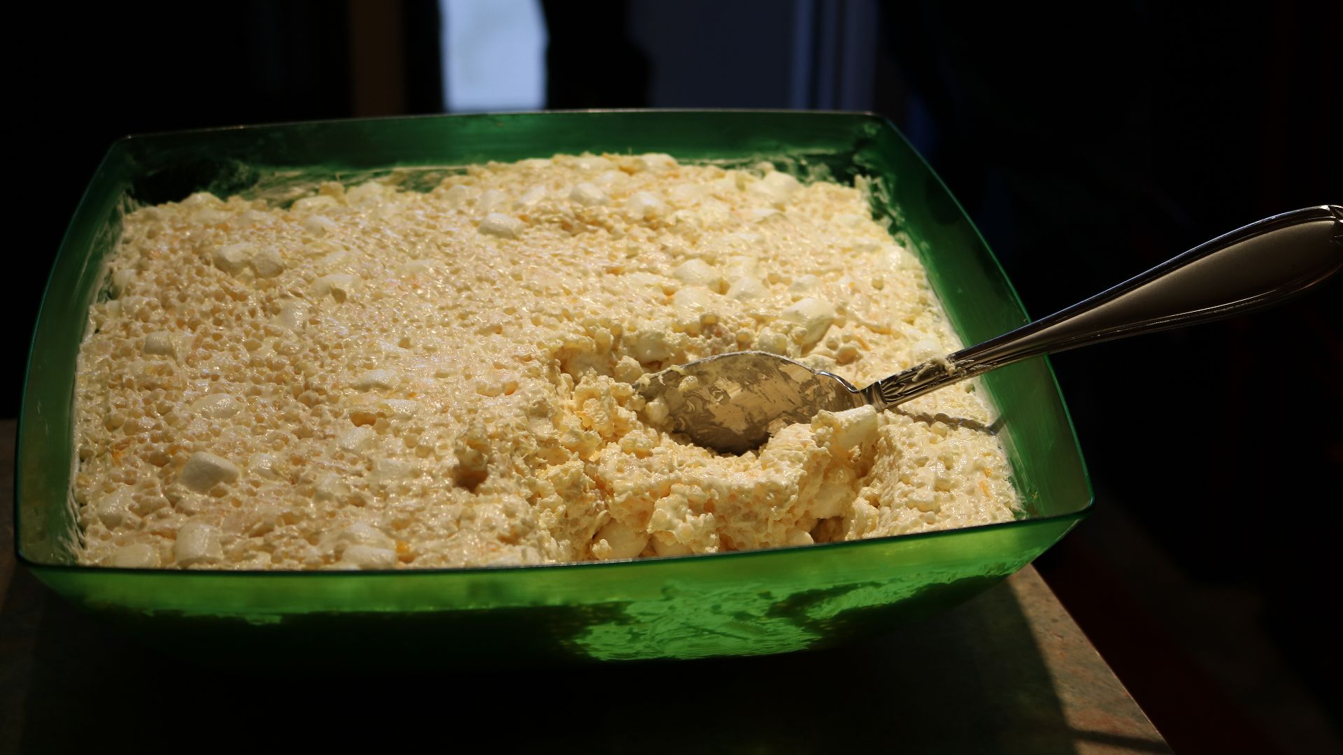 Frogeye salad (also called Frog-eye salad, Frog's eye salad), a type of pasta salad popular in the Rocky Mountain Region of the United States. The photo shows the dish as served at a Christmas-Eve gathering in Thornton, Colorado, United States in 2015.