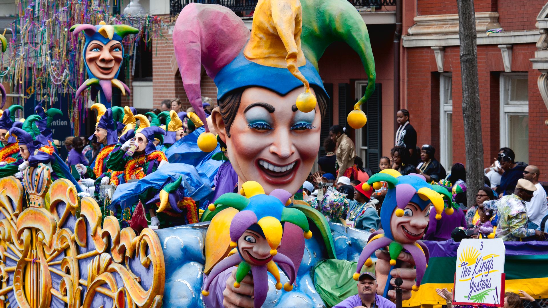 Mardi Gras Parade, New Orleans, Louisiana, 2011 March 8. 1 photograph : digital, TIFF file, color. Mardi Gras is organized by Carnival krewes. Krewe float riders toss throws to the crowds; the most common are strings of plastic colorful beads, doubloons, decorated plastic throw cups and small inexpensive toys.
Credit line: Carol M. Highsmith's America, Library of Congress, Prints and Photographs Division.
Rights Info:  No known restrictions on publication.
Repository:  Library of Congress, Prints and Photographs Division, Washington, D.C. 20540 USA, hdl.loc.gov/loc.pnp/pp.print
More information about the Highsmith Collection is available at hdl.loc.gov/loc.pnp/pp.highsm

Call Number:  LC-DIG-highsm- 11700