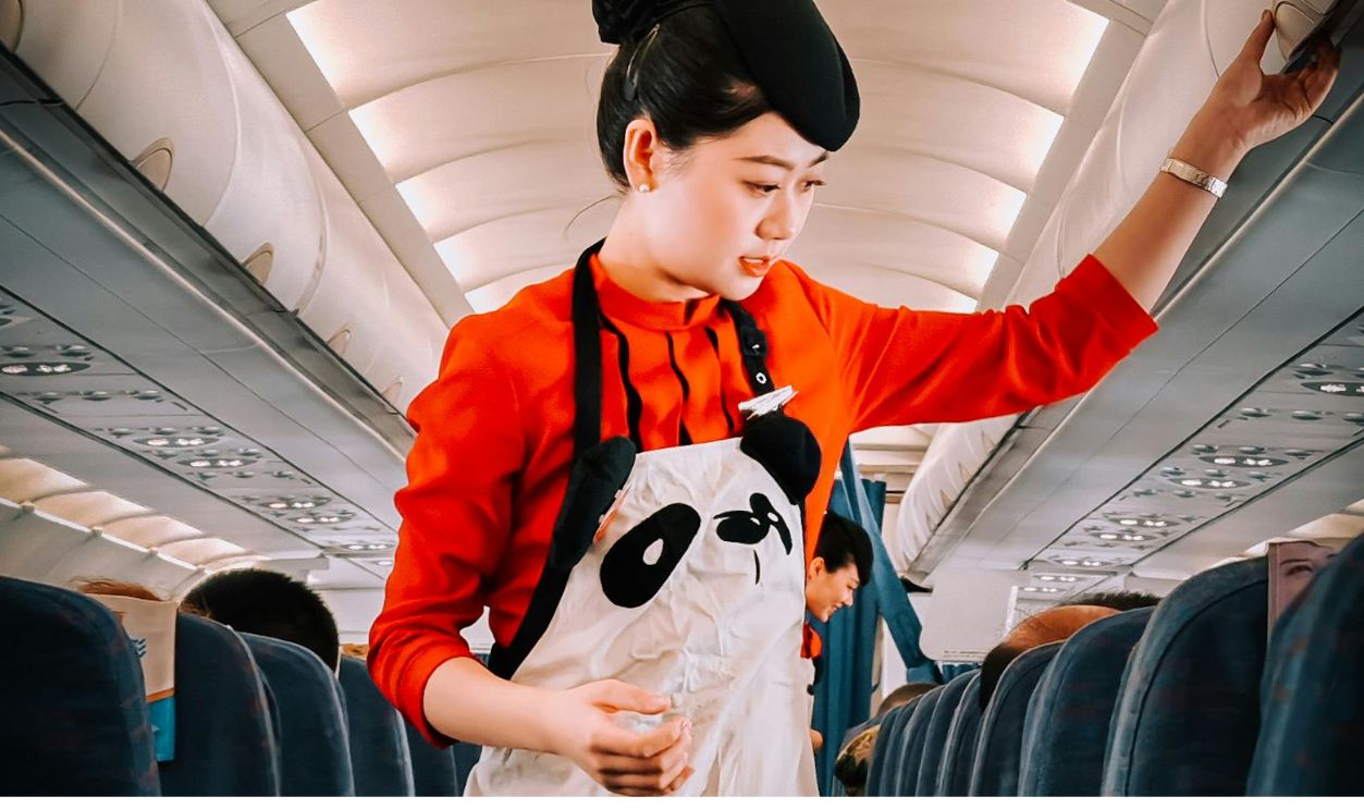 Flight attendant in panda-themed apron assisting passengers during flight