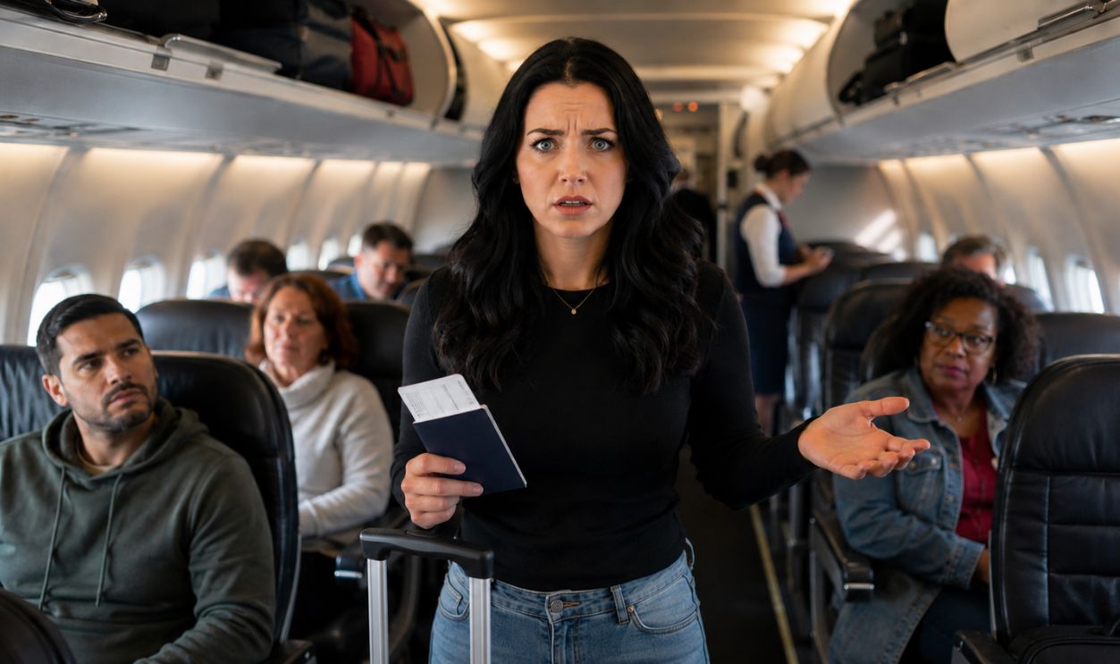 confused and stressed woman inside an airplane with other passengers