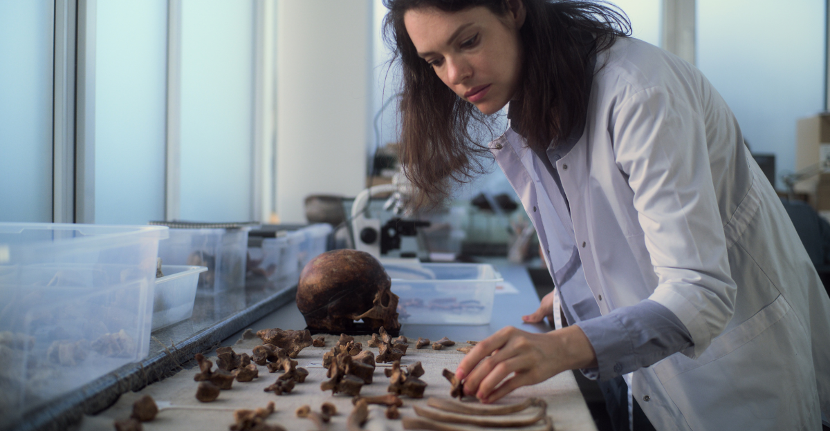Young scientist works with fossil remains in archaeological laboratory.