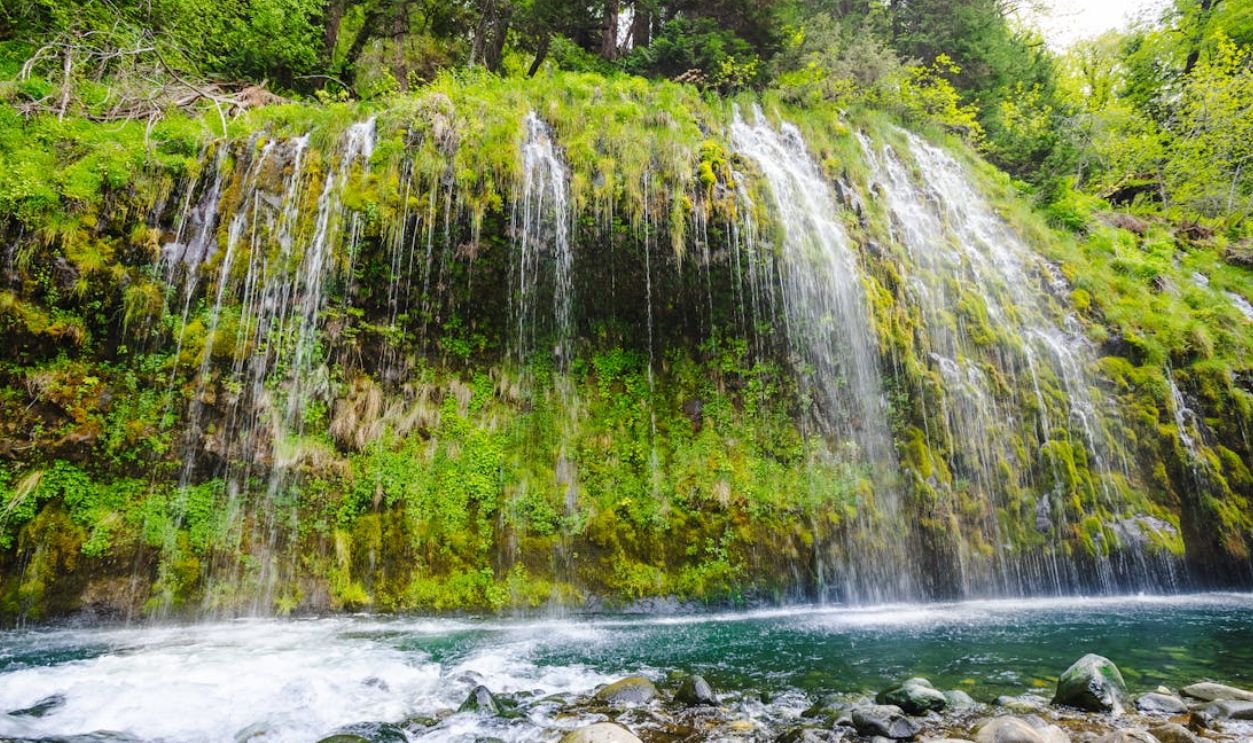 Experience the cascading beauty of Mossbrae Falls surrounded by lush greenery in Dunsmuir, California.