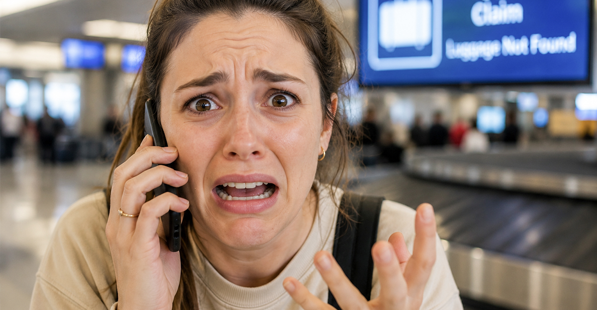 Worried woman at the airport, looking worried, on the phone.