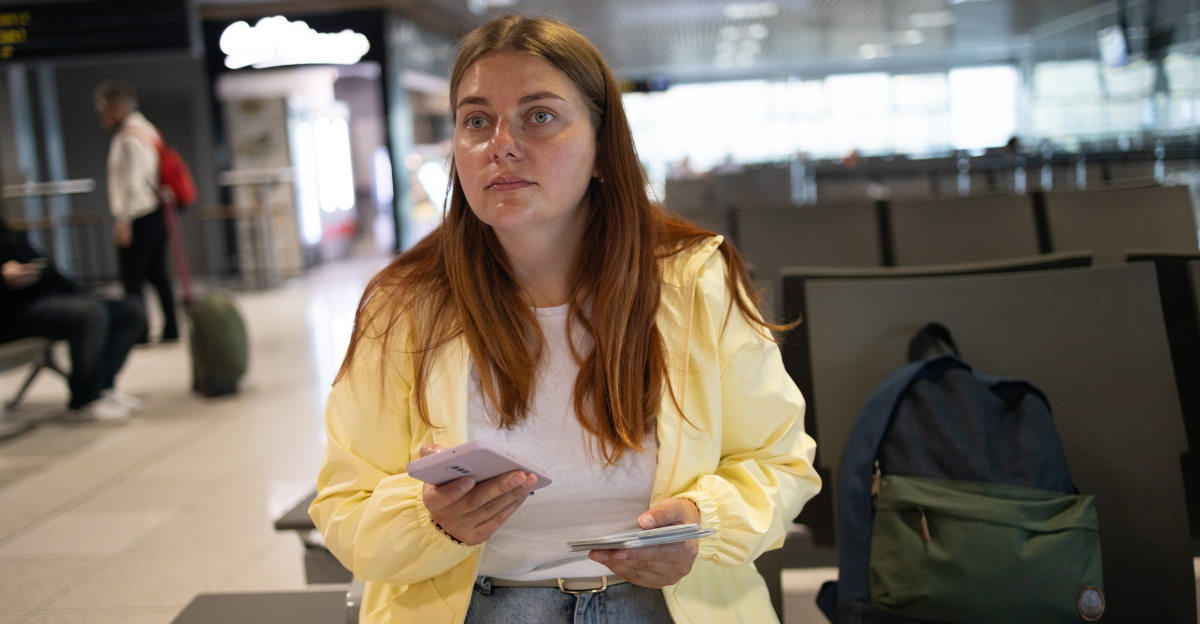 Upset woman using smartphone while waiting for her flight at departure area. 