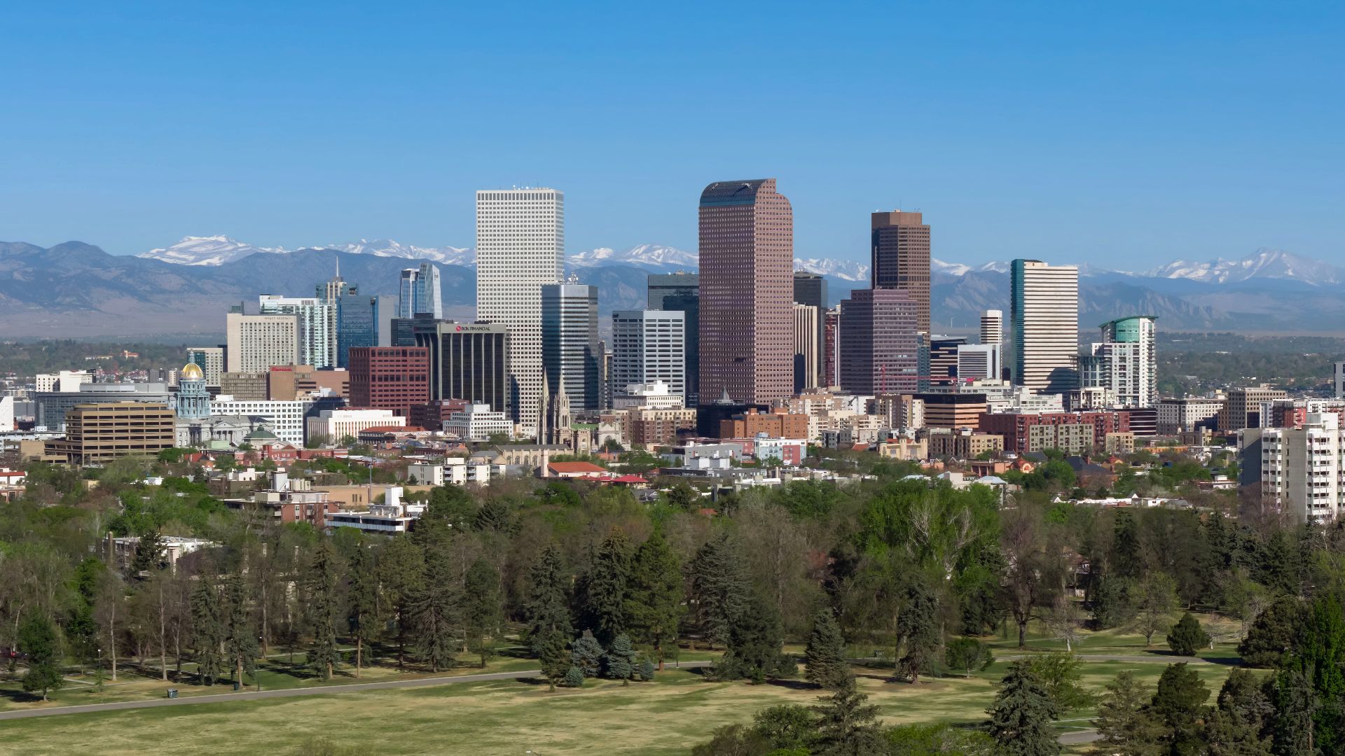 Skyline of Denver, Colorado, the 19th-most populous city in the United States (715,522).