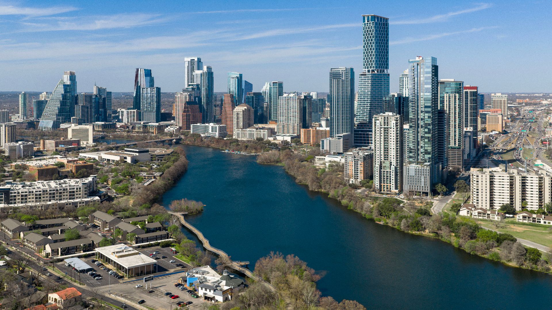 The skyline of Austin, the capital city of Texas. With a population of 961,855, it's the 13th-most populous city in the U.S.