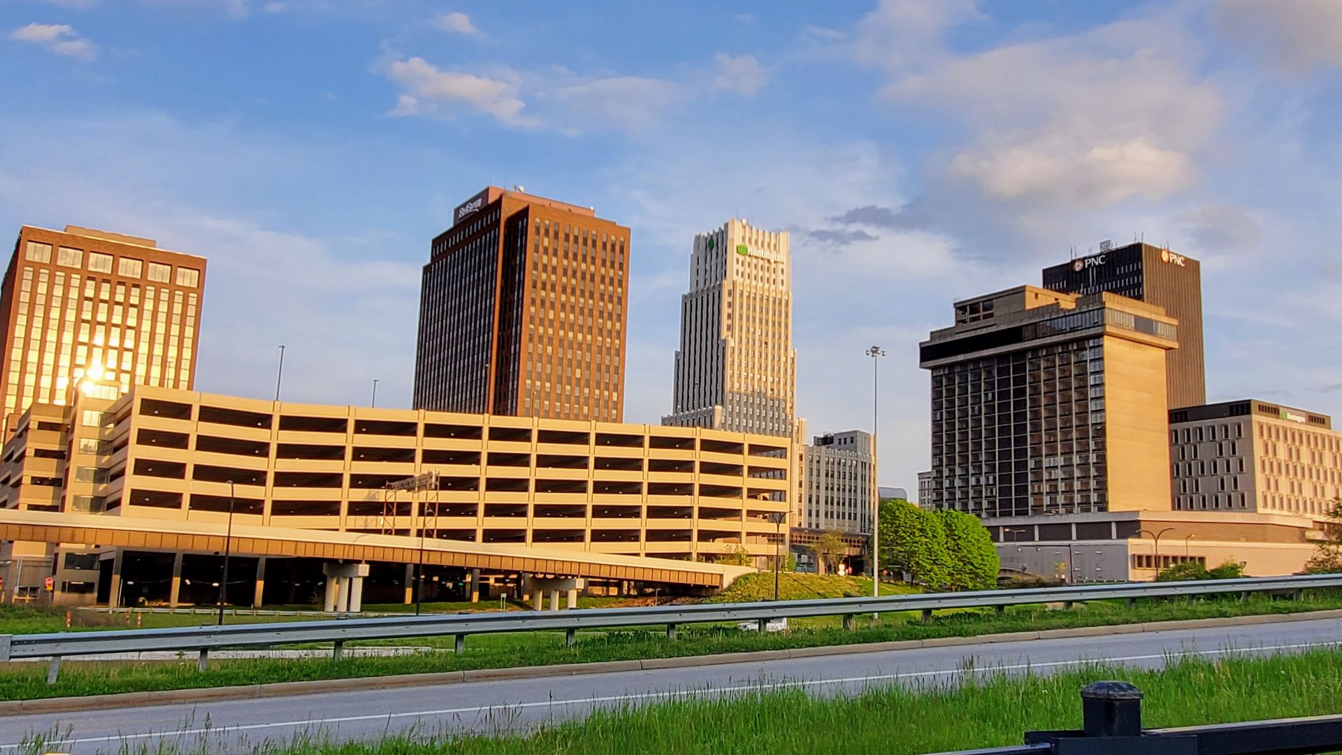 Akron skyline at sunset, taken from the Ohio & Erie Canal Towpath Trail.