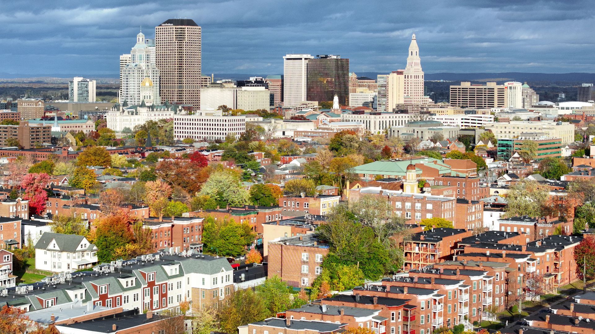 The skyline of Hartford, Connecticut's capital city with a population of 121,000. Taken on October 31, 2025