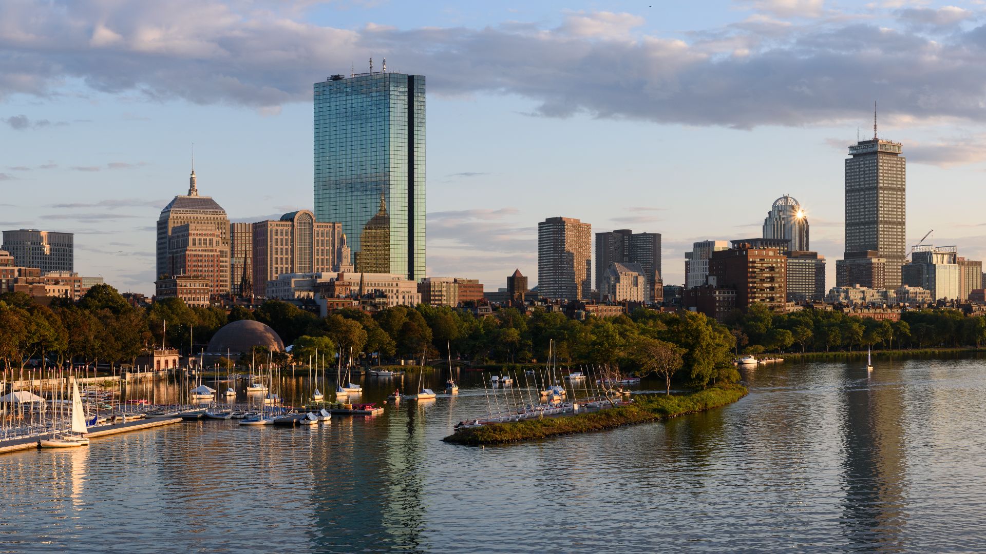 Two-segment panorama of Back Bay skyline from Longfellow Bridge, Boston.