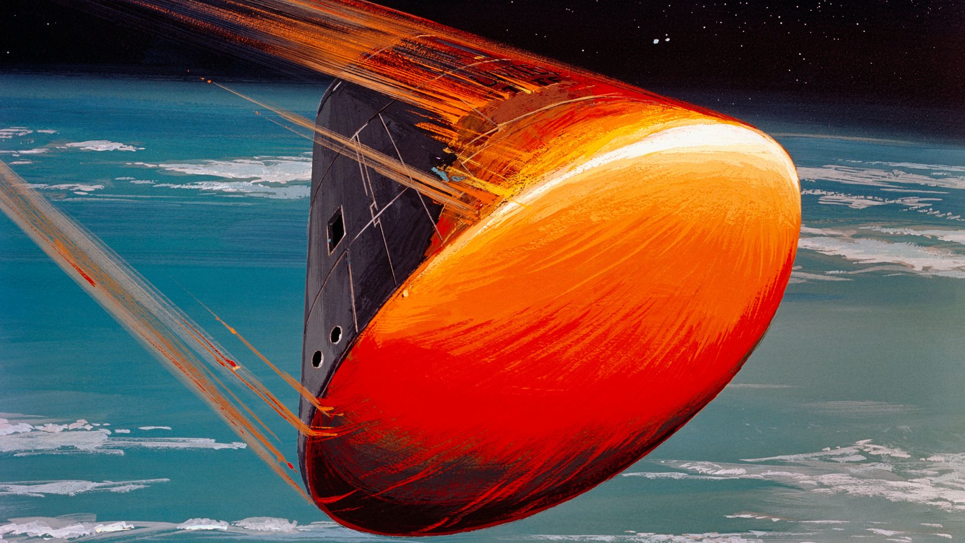 A North American Rockwell Corporation artist's concept depicting the Apollo Command Module (CM), oriented in a blunt-end-forward attitude, re-entering Earth's atmosphere after returning from a lunar landing mission. Note the change in color caused by the 
