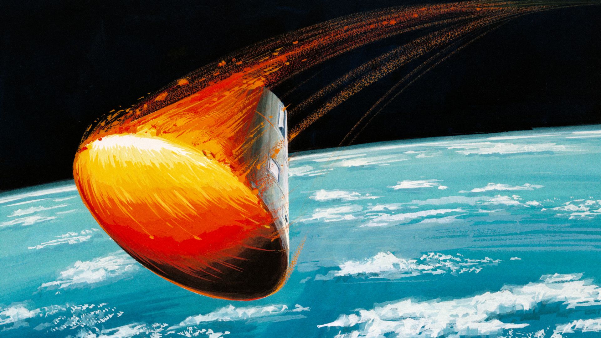 Artist concept of the Apollo Command Module reentering the earth's atmosphere upon its return from a lunar mission.
