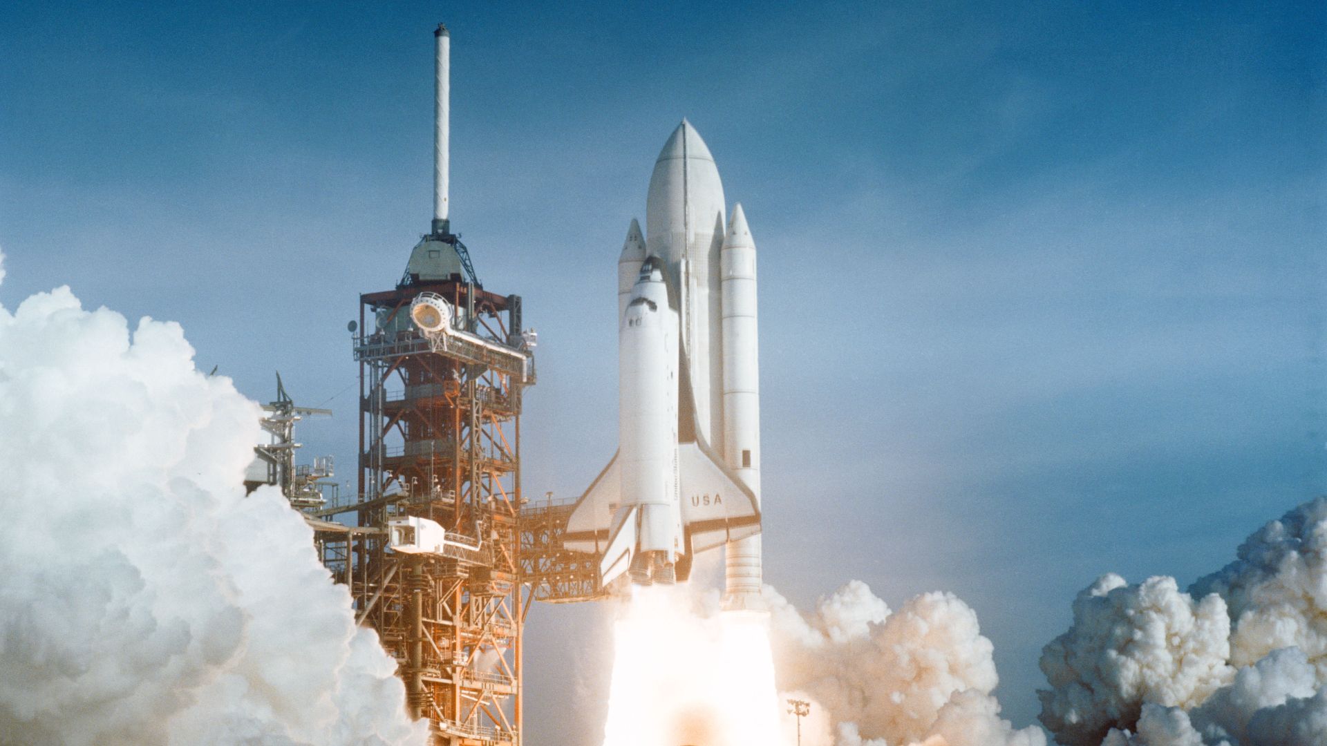 The April 12 launch at Pad 39A of STS-1, just seconds past 7 a.m., carries astronauts John Young and Robert Crippen into an Earth orbital mission scheduled to last for 54 hours, ending with unpowered landing at Edwards Air Force Base in California.