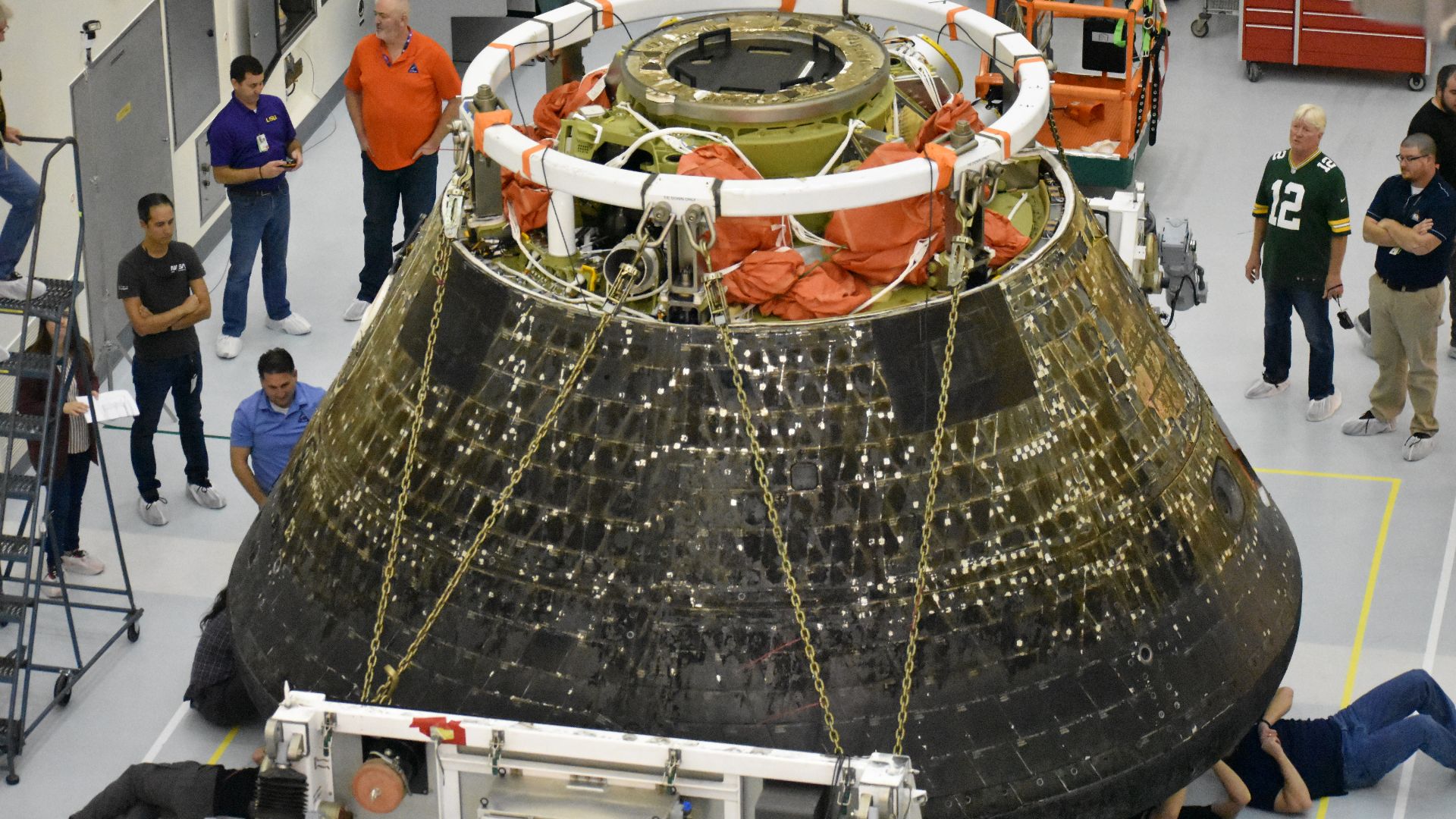 Inside the Multi Payload Processing Facility at NASA’s Kennedy Space Center in Florida, engineers and technicians conduct inspections of the heat shield on the Orion spacecraft for the Artemis I mission. Orion returned to Kennedy on Dec. 30, 2022, after s
