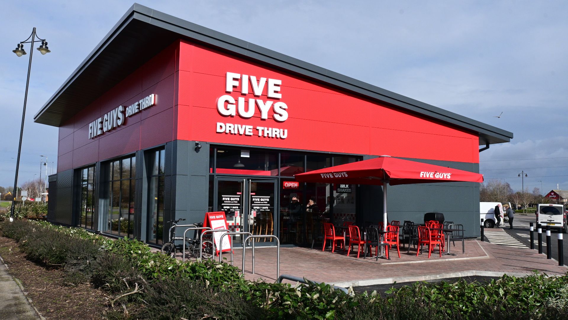 A southeastern view of the new Five Guys restaurant and adjacent 'Drive-Thru' in the Kingswood Retail Park in Kingston upon Hull.