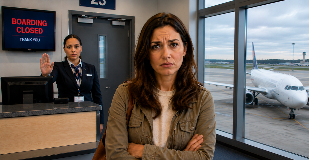 Woman standing in front of closed gate at airport
