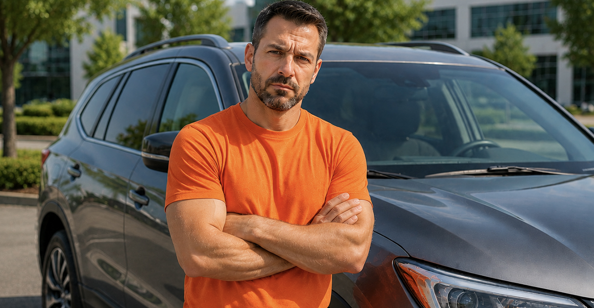 AI-generated image of a man upset about subscription features in his car.