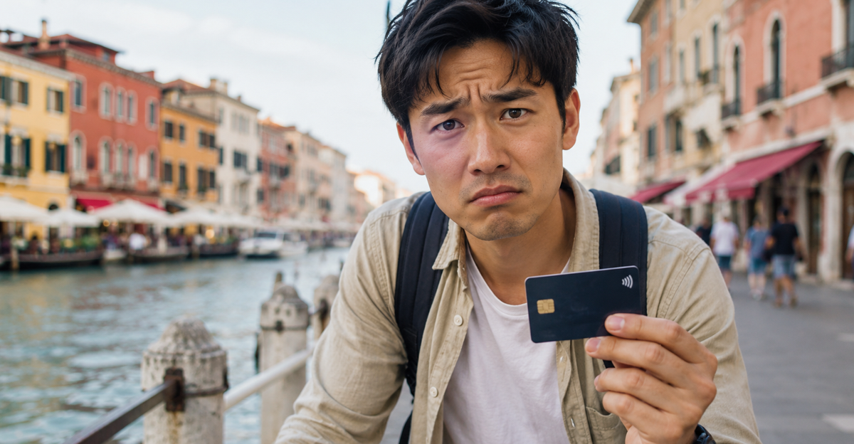 Asian man holding debit card while on vacation