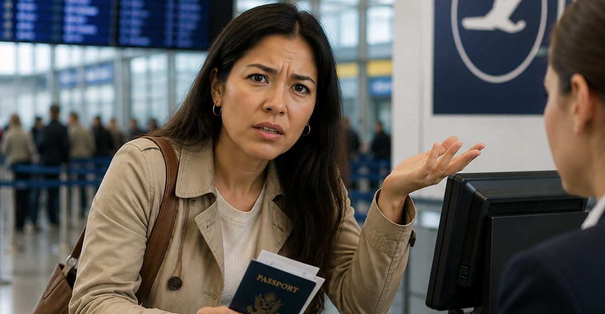 AI-generated image of a woman worried about the name on her passport not matching her plane ticket.