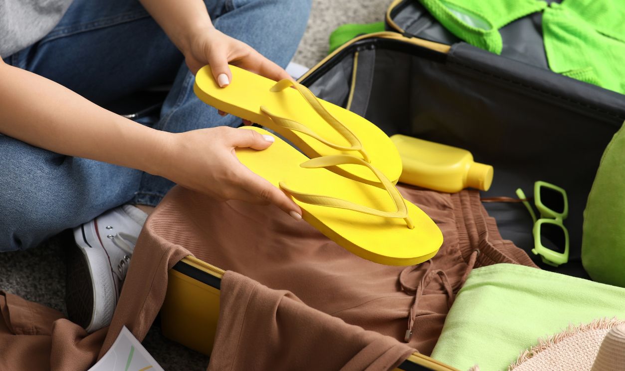 Young woman packing flip-flops in suitcase on floor at home, closeup. Summer travel concept