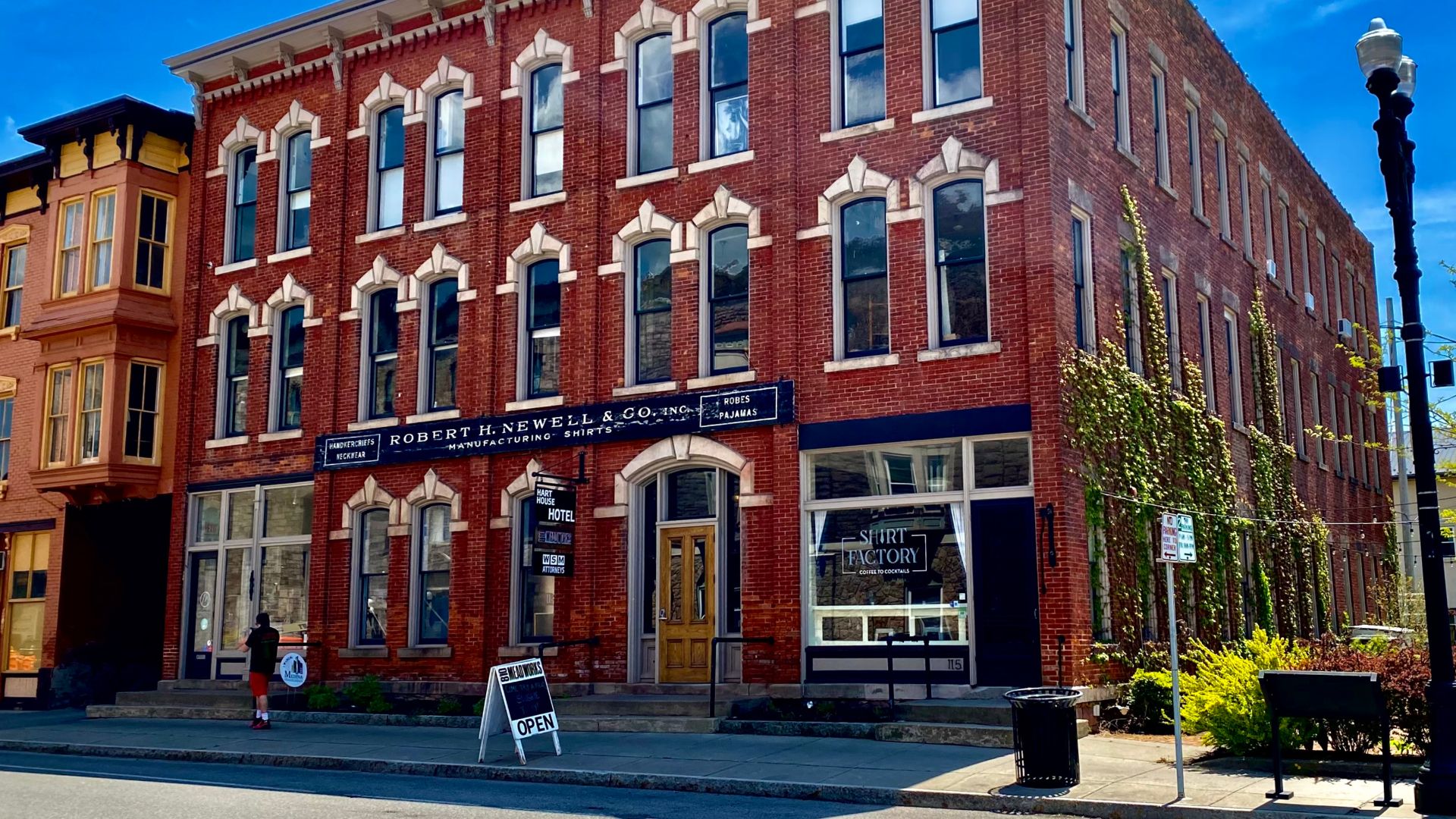 As seen in May 2021: the three-story, five-bay-wide, red brick building at 111-115 West Center Street in Medina, New York's Main Street Historic District is about as fine an example of High Victorian Italianate commercial architecture as you'll find anywh