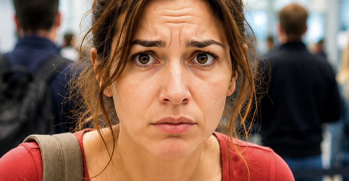 Concerned woman in an airport