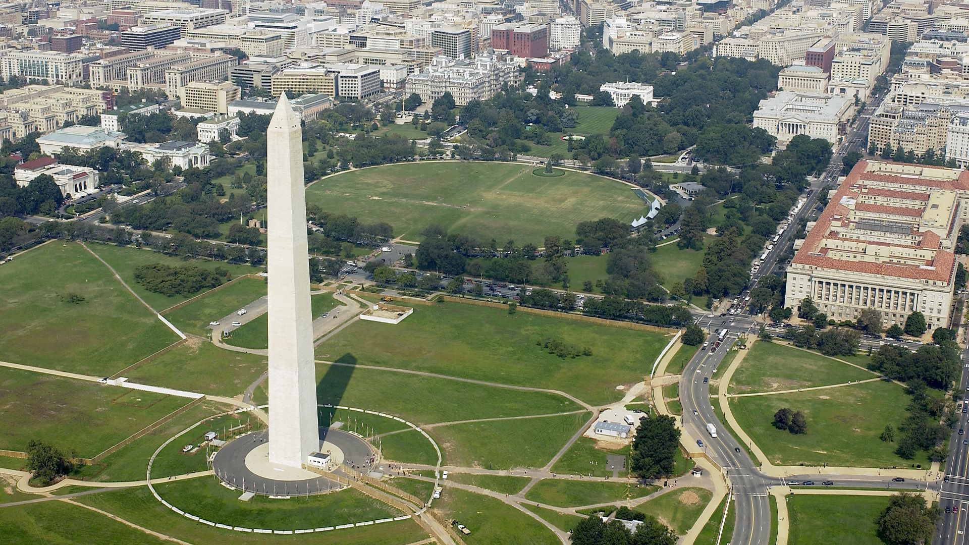 Washington, D.C. (Sept. 26, 2003) - Aerial view of the Washington Monument with the White House in the background.