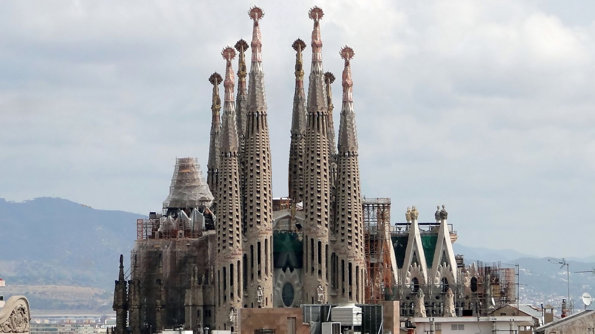 The Sagrada Familia viewed from Casa Milà, Barcelona, Spain