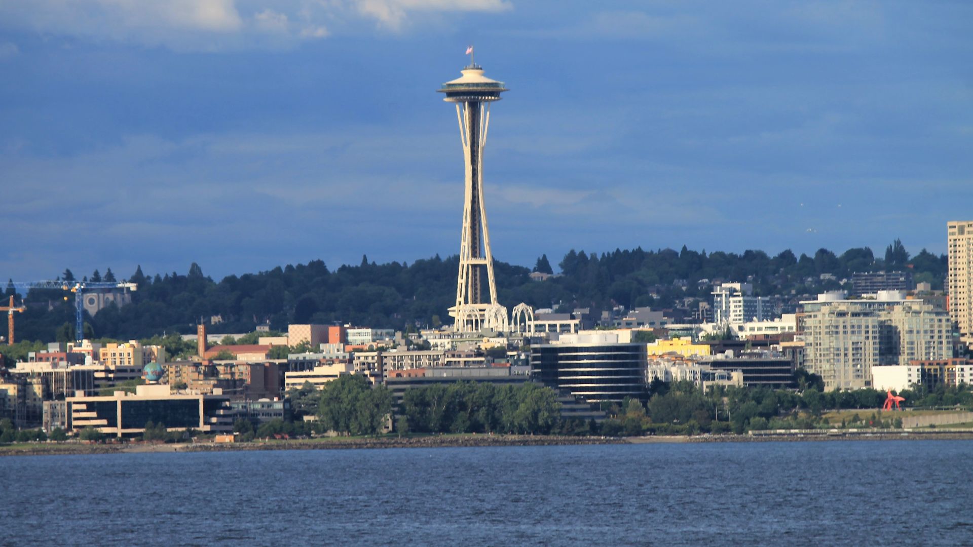 This is a photo of the Space Needle seen while riding the Washington State Ferry Wenatchee on Puget Sound