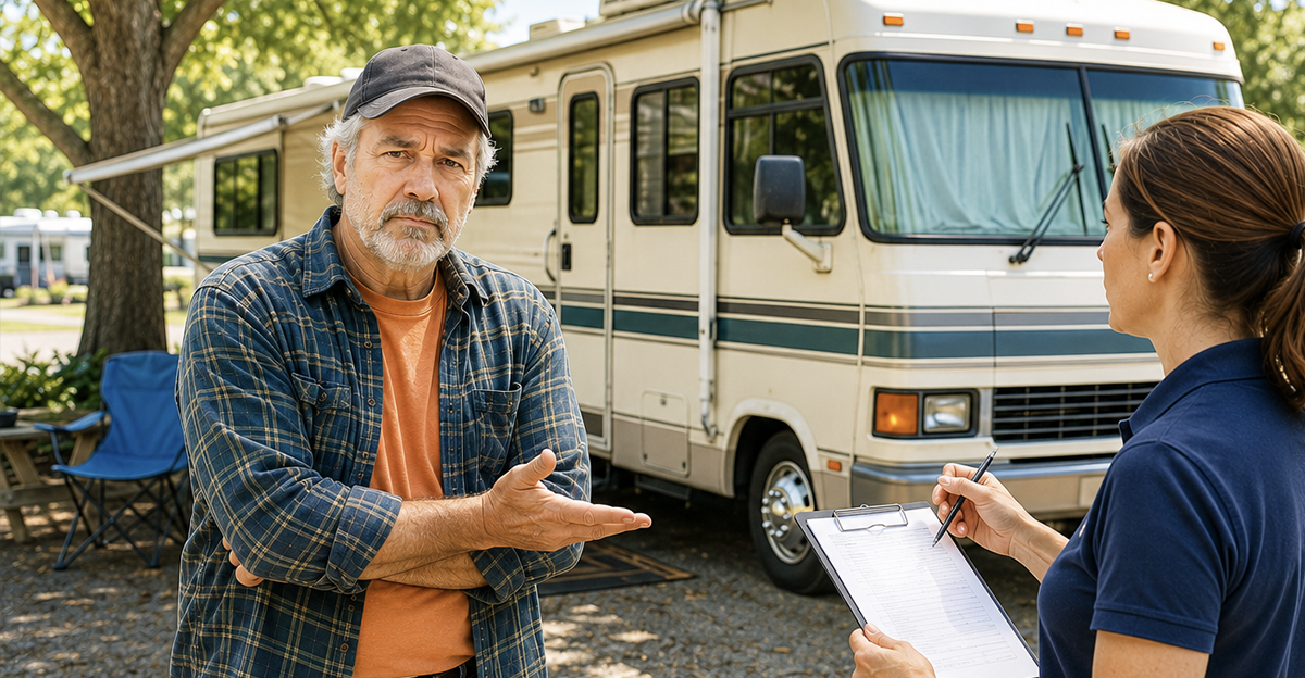AI-generated image of a man being turned away from a campsite because his RV is too old.