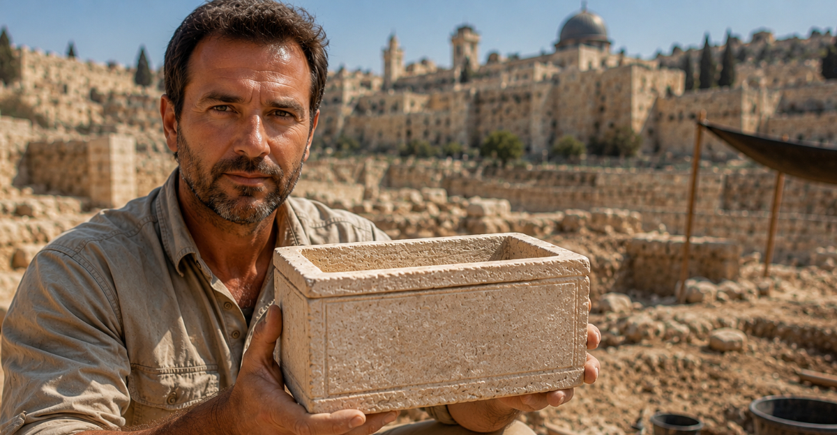 Archeologist holding box on dig site