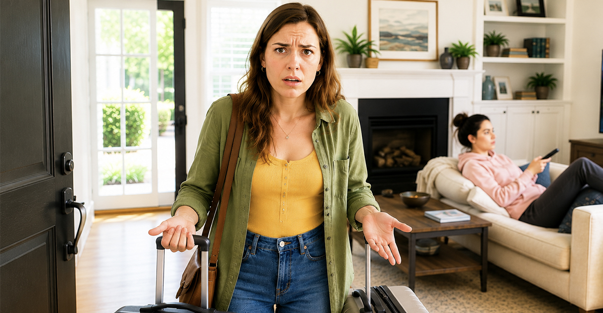 AI-generated image of woman worried about her housesitter refusing to leave after her vacation.